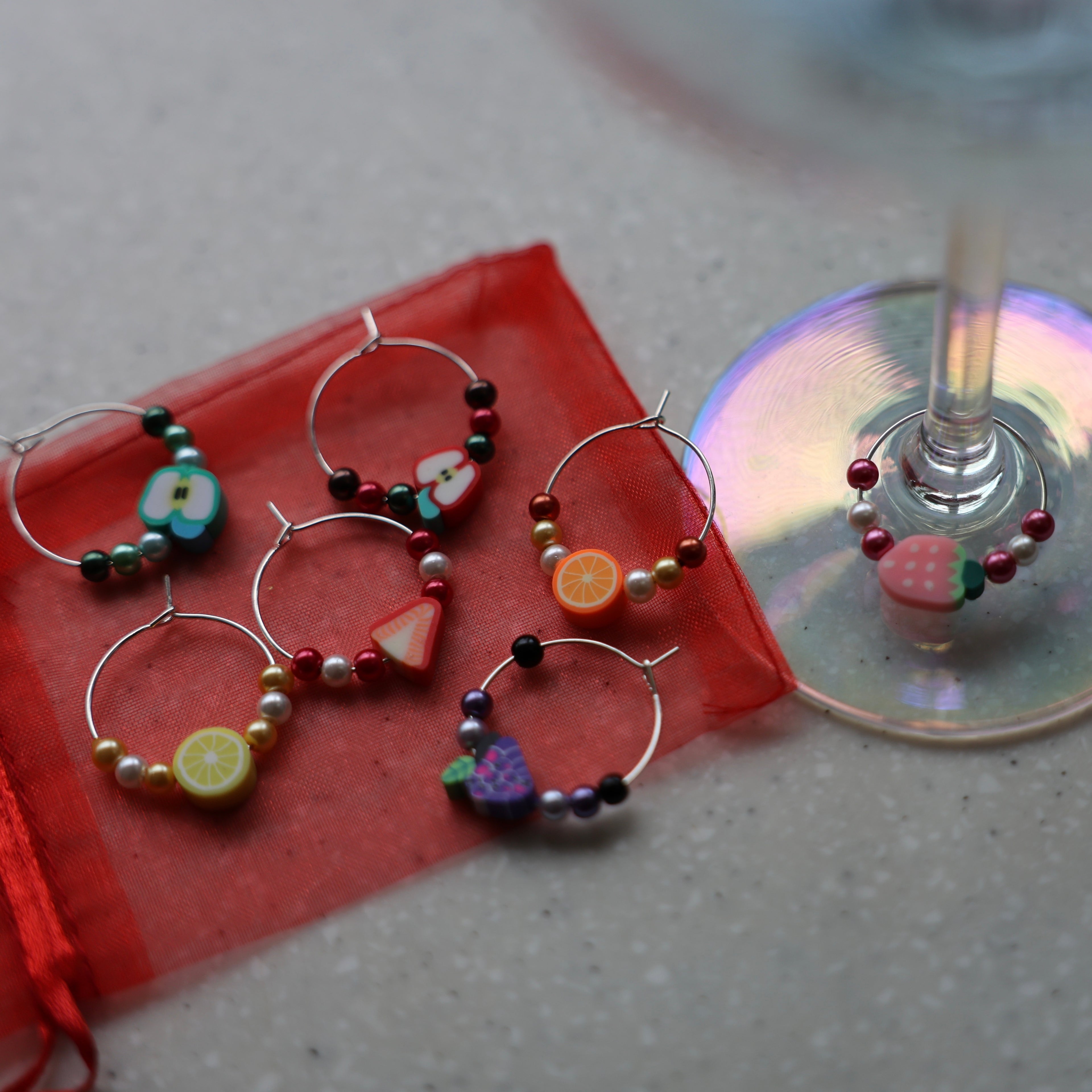 Set of 7 Fruit Themed Wine Glass Charms