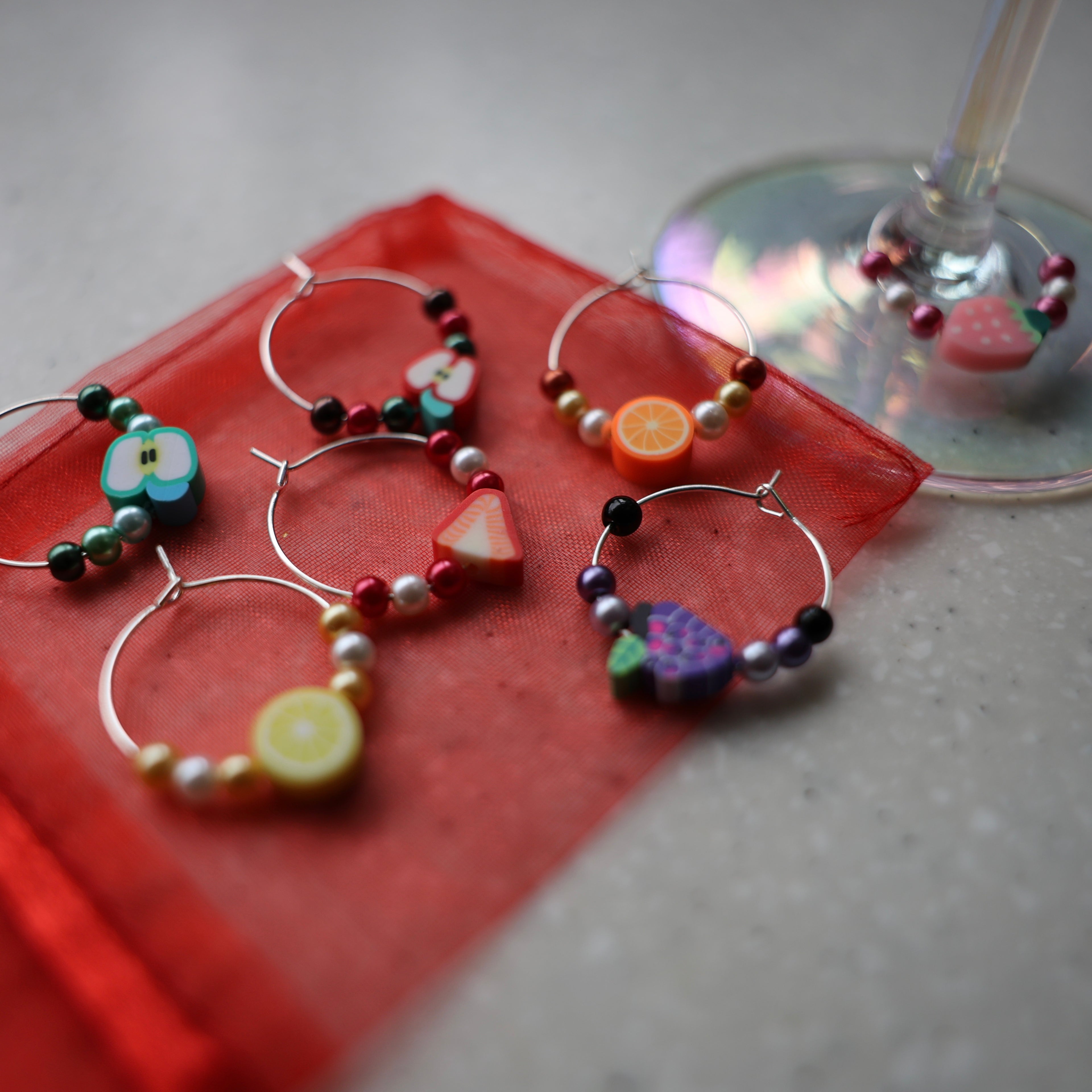 Set of 7 Fruit Themed Wine Glass Charms