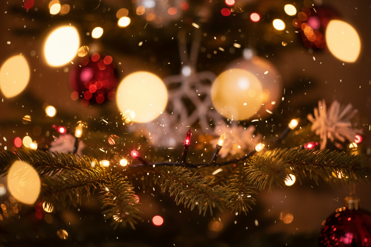 close up of twinkling Christmas lights on a Christmas tree